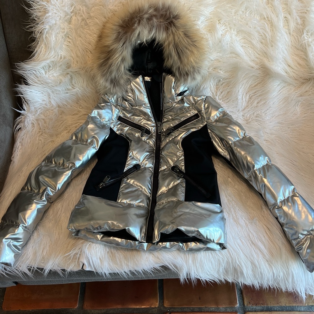 Goldbergh Silver  and Black Women's Jacket with Fur Hood